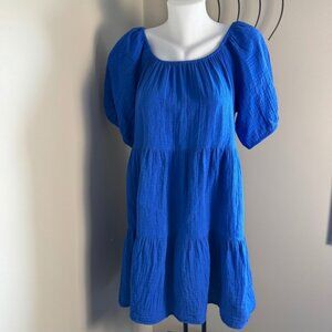 Old Navy Seersucker Puff Sleeve Tiered Swing Midi Dress Blue Large Summer